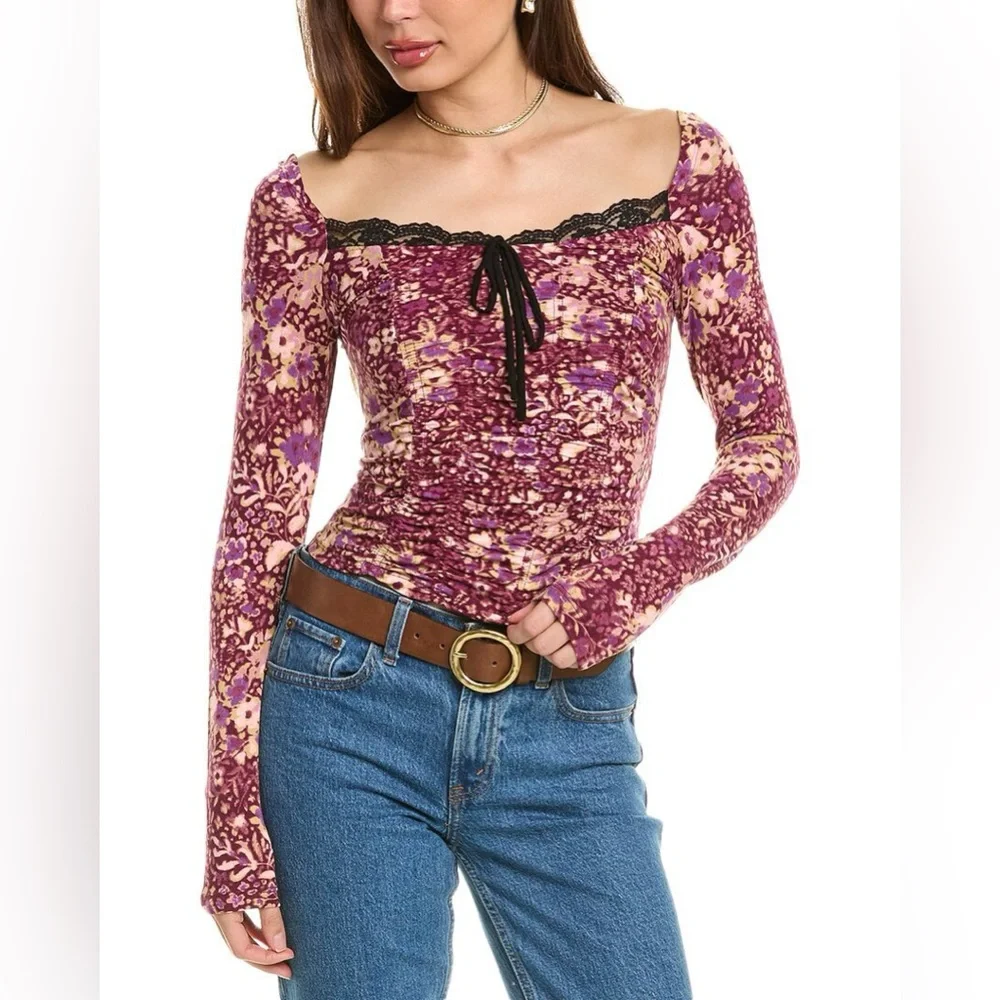 FREE PEOPLE Layer It On Me Top - Size Small - Red Combo Long Sleeve Boho - NWT